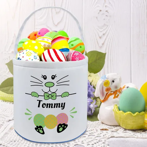 Vista 6 de Cesta de Pascua personalizada con nombre, bolsas de lona personalizadas para niños, cestas de Pascua para bebés, niños y niñas, color azul