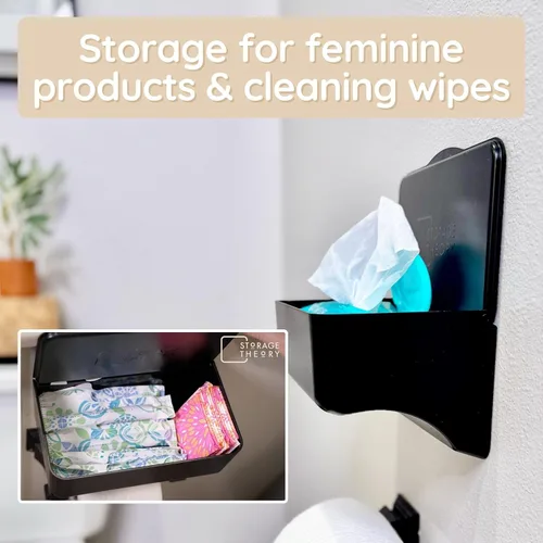 Vista 5 de Soporte para toallitas para baño – Organizador adhesivo de montaje en pared para toallitas húmedas – Estante de toallitas de inodoro de baño