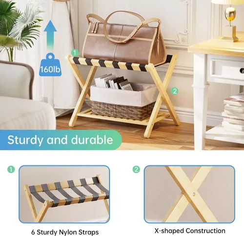 Vista 5 de SMIBUY Portaequipajes, soporte plegable de bambú para maleta con estante de almacenamiento para habitación de invitados, dormitorio, hotel, Natural