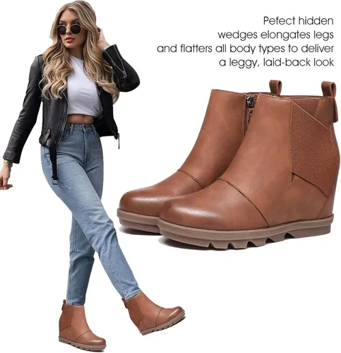Vista 6 de Athlefit Botas de cuña para mujer cómodas botas de cuña al tobillo