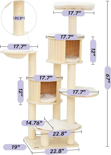 Vista 6 de KAMABOKO Árbol para gatos de 67 pulgadas de alto, árbol extragrande para gatos, torre masticable de madera de 8 niveles con condominio para gatos