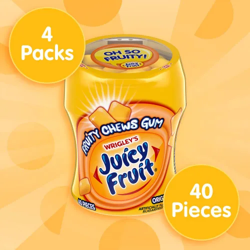 Vista 3 de JUICY FRUIT Gum - Paquete original de goma de mascar a granel, botella de 40 piezas (paquete de 4) On-the-go chewing gum, bubblegum candy, 4 pack