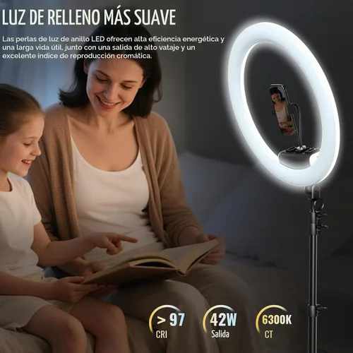 Vista 5 de Anillo de luz de 19" con soporte, trípode de 78" y 3 soportes para teléfono 3 modos de color y luz LED regulable de 6500 K, anillo de luz grande