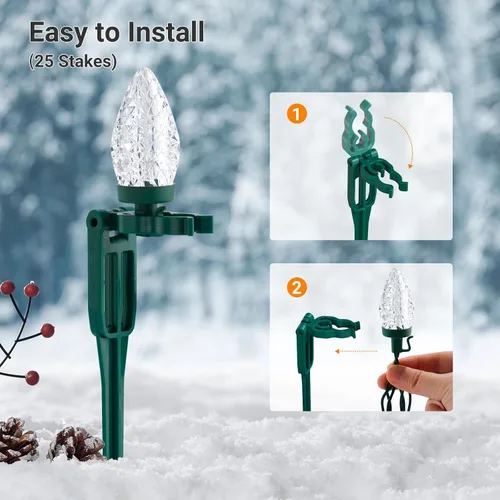 Vista 7 de SURAIELEC C9 Luces de Camino de Navidad, 25 PIES Luces de Navidad para Sendero con 25 Estacas, 25 Bombillas LED Blanco Cálido, Decoración Navideña