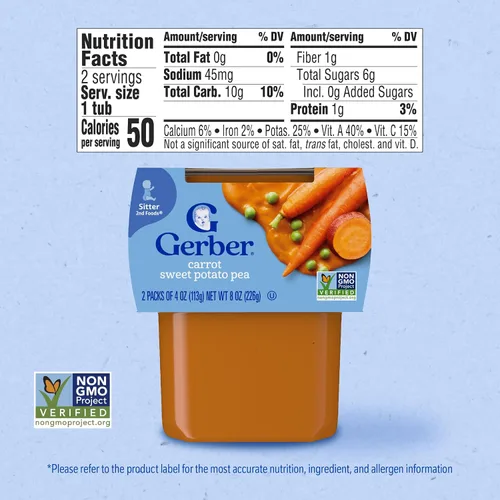 Vista 2 de Gerber Baby Food 2nd Foods Blends, Puré de Zanahoria Batata y Guisante, Poder Vegetal, Natural y Sin OGM, Tubos de 4 Onzas, Paquete de 2