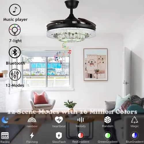 Vista 3 de Fandian Ventilador de techo inteligente moderno de 42 pulgadas con luces de control remoto, candelabro de cristal retráctil de inversa negra