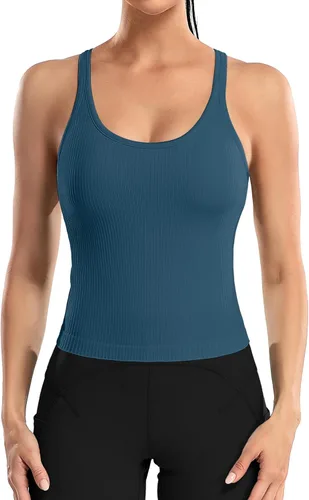 Vista 17 de ATTRACO Camiseta corta acanalada de entrenamiento para mujer con brasier integrado para yoga, espalda cruzada, ajuste ajustado