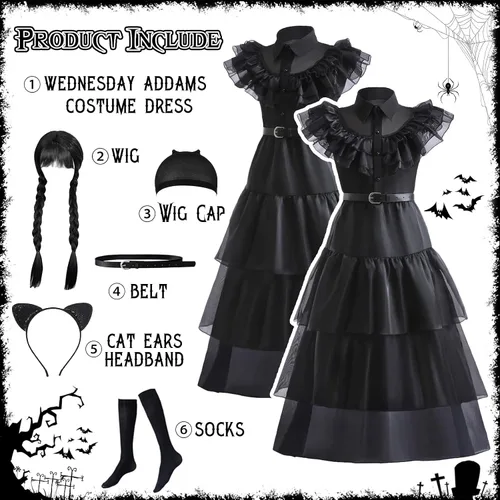 Vista 4 de VORLITS Wednesday Addams - Disfraz de niña para cosplay, Halloween, fiesta de Navidad