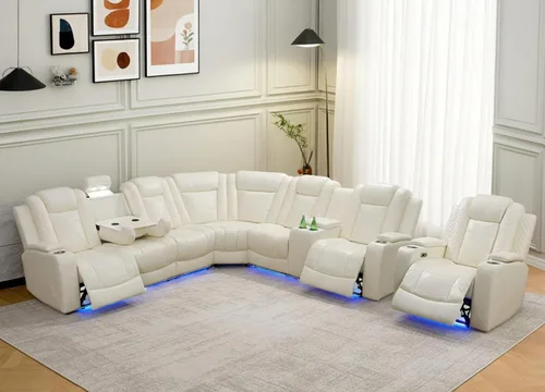Vista 13 de Sofá seccional reclinable eléctrico con asiento de cine en casa con LED y puerto USB L Shaped Reclining Couch with Reading Lamp, Cup Negro