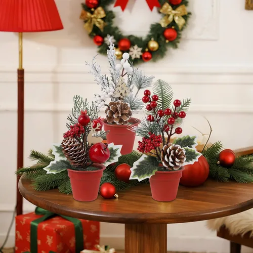 Vista 5 de winemana Mini decoraciones de mesa de árbol de Navidad, 6 piezas de árbol artificial pequeño con piñas y bayas rojas, centro de mesa navideño
