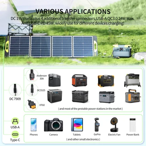Vista 5 de Greenmagic Panel Solar Portátil de 120W 19V, Kit de Paneles Solares Plegables de 120W con Soportes Ajustables, Impermeable IP65 para Camping