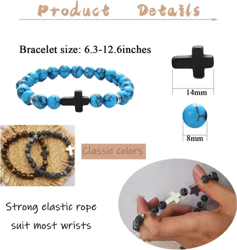 Vista 5 de Svovin 12 pulseras de cuentas cruzadas para hombres y mujeres de 0.315in, piedras curativas de ojo de tigre de lava, pulseras elásticas