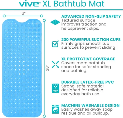 Vista 2 de Vive Tapete de bañera para suelos de baño y ducha, almohadilla antideslizante de goma con succión para bañera, baño, ancianos, niños, respetuosa