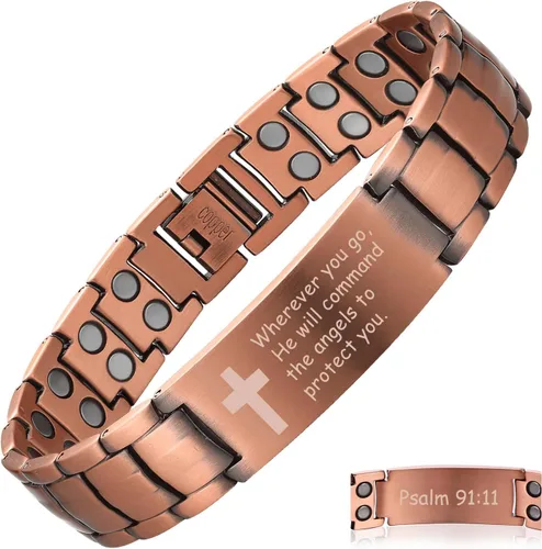 Vista 7 de MagEnergy Pulsera de cobre para hombre, pulsera magnética cristiana con imanes ultra fuertes, diseño de cruz bíblica ajustable, regalo de joyería