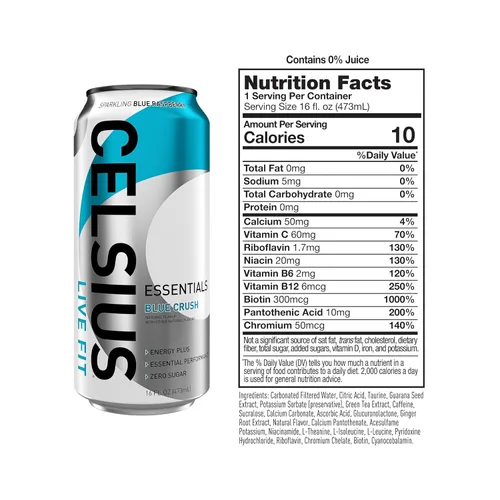 Vista 2 de CELSIUS ESSENTIALS™ Sparkling Blue Crush, bebida energética de rendimiento sin azúcar, 16 onzas líquidas (paquete de 12)