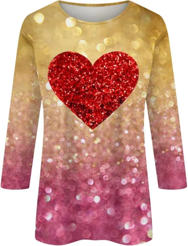 Vista 3 de Camisas de negocios para mujer, manga 34, estampado de día de San Valentín, cuello redondo, ropa de moda, camisas de vacaciones para mujer
