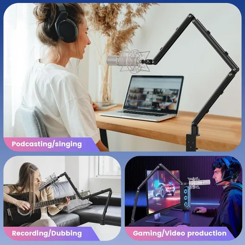 Vista 7 de Brazo de micrófono ajustable para micrófonos ligeros, soporte de escritorio giratorio de 30 pulgadas con gestión de cables y hilos de 3/8 pulgadas