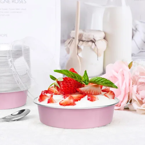 Vista 6 de Suice Mini moldes para tartas con tapas, 100 tazas desechables de aluminio para hornear cupcakes con tapa, 8 onzas de color rosa claro con tapas