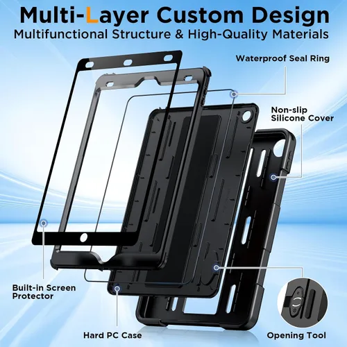 Vista 7 de Funda para iPad de 9ª generación de 10.2 pulgadas, grado militar, a prueba de caídas IP68, impermeable, con protector de pantalla, soporte y correa