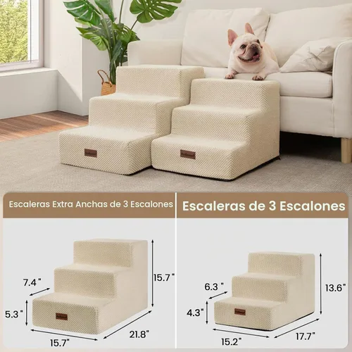 Vista 8 de Aodisman - Escaleras para perros y gatos pequeños, escalones de 3 escalones para mascotas para sofá y cama Beige