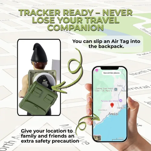 Vista 2 de Gnomo de viaje macho adulto Mini figura de gnomos con soporte AirTag integrado Compañero de viaje de aventura para viajes por carretera