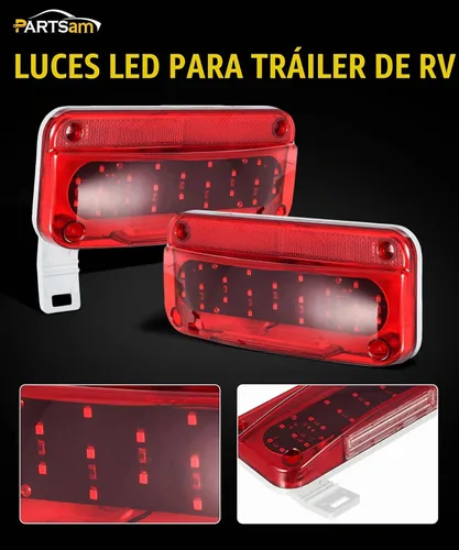 Vista 2 de Partsam Luces traseras rectangulares LED rojas para caravana, remolque, parada de freno, giro, luz blanca para matrícula, 49 LED con soporte de rojo