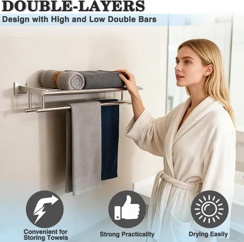 Vista 3 de Alise Toallero, Estante de Toallas con Barras Dobles para Lavabo de Baño, SUS 304 Acero Inoxidable de Montaje en Pared, 40.6 cm Níquel Cepillado