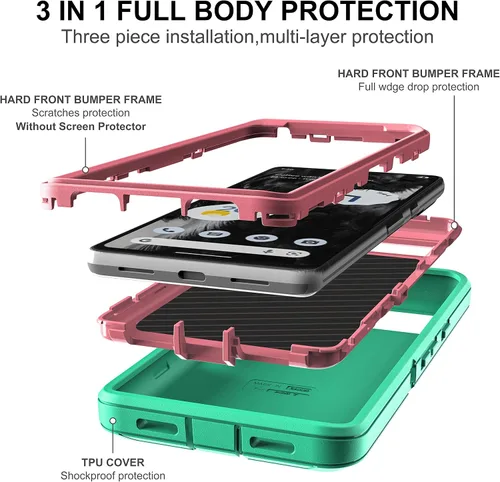 Vista 4 de Funda para Google Pixel 7A con 2 protectores de pantalla de vidrio templado, 3 en 1, protección resistente a prueba de golpes para Google Pixel 7A