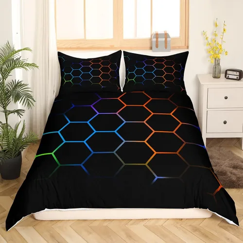 Vista 22 de Funda de edredón de panal para niños, hombres y niñas, juego de ropa de cama moderno con temática geométrica hexagonal, diseño de cuadrícula
