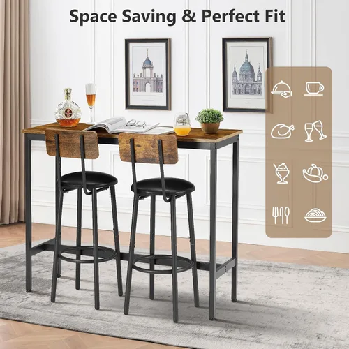 Vista 9 de Juego de mesa de comedor de 3 piezas para 2, mesa de bar moderna y sillas para cocina de espacio pequeño, juego de comedor rectangular de madera