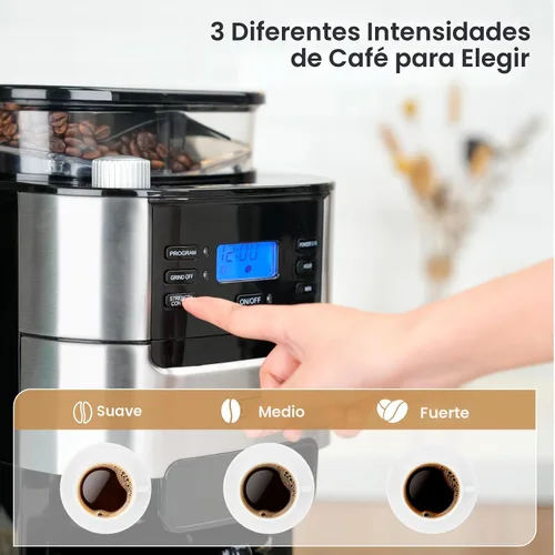 Vista 4 de Gevi Cafetera de 10 tazas con molinillo de rebabas integrado, temporizador programable, tanque de agua de 1.5L, filtro reutilizable y placa