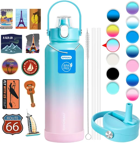 Vista 19 de Botella de agua aislada con tapa, bota y calcomanías, botella de acero inoxidable de 24 onzas, sin sudor, mantiene el frío las 24 horas, botella