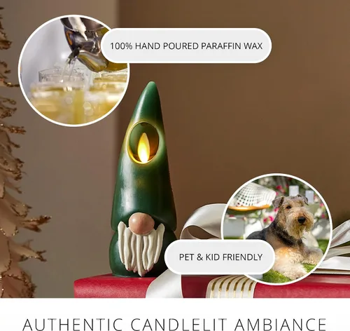 Vista 5 de Luminara Vela LED sin llama con figuras de gnomo, color verde, 2.2 x 6 pulgadas, funciona con pilas, decoración de Navidad e invierno, cera real