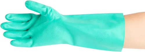 Vista 10 de Restaurantware Guantes de limpieza verdes, 10 pares de guantes de nitrilo de 15 mil de grosor, pequeños y resistentes con puño largo, forro