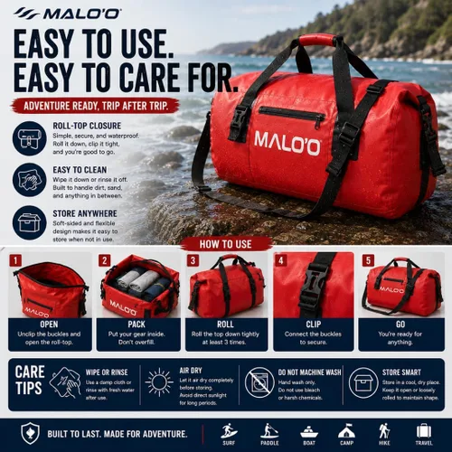 Vista 8 de Bolsa de lona impermeable Malo’o, bolsa de equipo resistente enrollable impermeable con correas para el hombro y bucles Molle, bolsa marina de lona