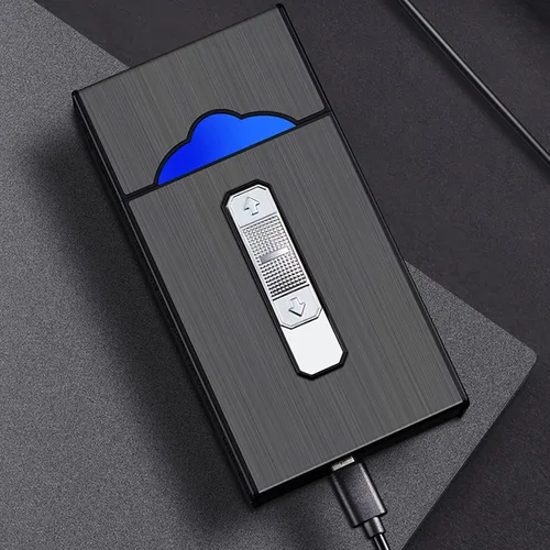 Vista 5 de Caja de cigarrillos de aluminio con encendedor eléctrico, encendedor USB recargable, regalo para mujeres, hombres, padre, madre (negro)
