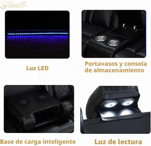 Vista 5 de Juegos de muebles de sala de Toseslo, juego de sofá reclinable eléctrico, seccional de 2 reclinables de cuero negro con luz LED, juegos modernos