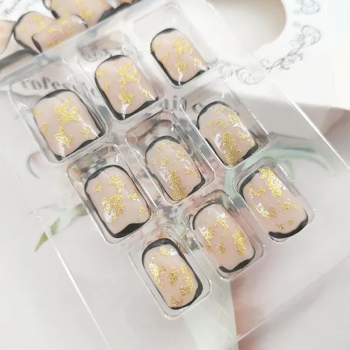 Vista 5 de Uñas postizas francesas con punta negra y borde corto, uñas falsas con diseños de hoja de oro, uñas de acrílico artificiales de cobertura completa