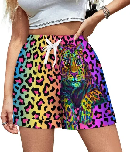 Vista 2 de Joyidec Pantalones cortos elásticos de leopardo con corazón para mujer, de verano, casual, con cordón, cintura alta, S-3XL