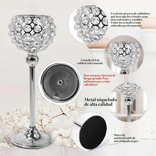 Vista 6 de Juego de 2 candelabros de cristal plateado para mesa de comedor, centro de mesa, decoración de mesa para comedor, sala de estar, café, mesa de Plata