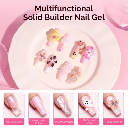 Vista 5 de MelodySusie Gel de Construcción Sólido para Uñas 3D 4 en 1 Antiadherente para Extensión UV para Uñas Acrílicas Transparente 60ML