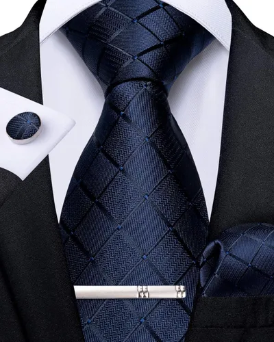 Vista 2 de DiBanGu Corbata de seda a cuadros para hombre corbata y bolsillo juego de gemelos cuadrados de corbata para boda negocios