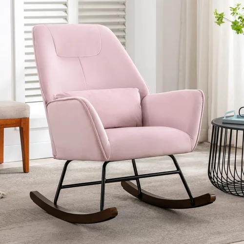 Vista 2 de Silla mecedora para el cuarto del bebé, sillón mecedor de terciopelo cargado, cómodo, silla mecedora moderna de madera maciza con patas para leer