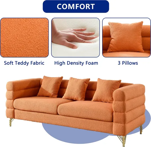 Vista 3 de Sofá de peluche, sofá copetudo de 81 pulgadas, cómodo sofá de 3 plazas con patas de metal dorado, moderno sofá seccional de asiento profundo, sofá