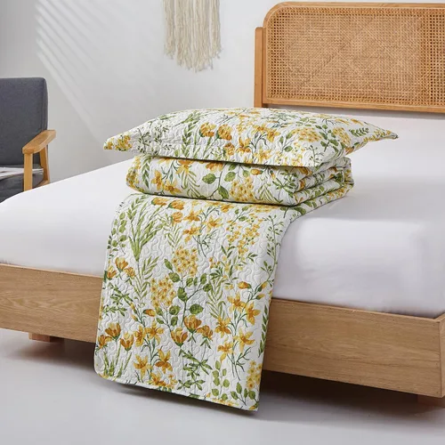 Vista 7 de Ycosy Juegos de Edredón Floral Tamaño Twin Reversible Colchas Cubrecamas de Campo Ligeras Edredón de Flores Amarillas Ropa de Cama Hojas Verdes