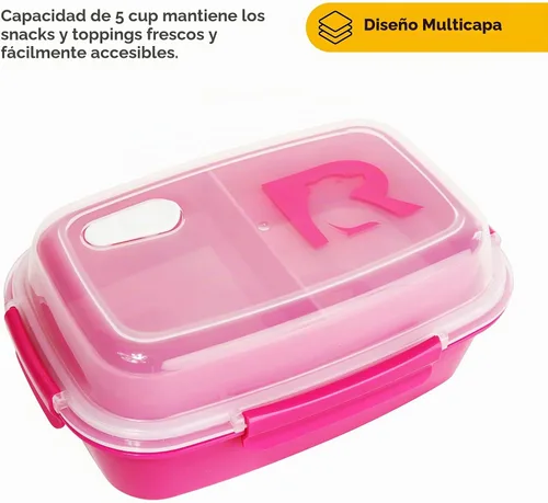 Vista 3 de RTIC Recipientes de almuerzo de 5 compartimentos, contenedor de comida caliente con tapa para adultos, caja de almuerzo dividida apta para Rosa
