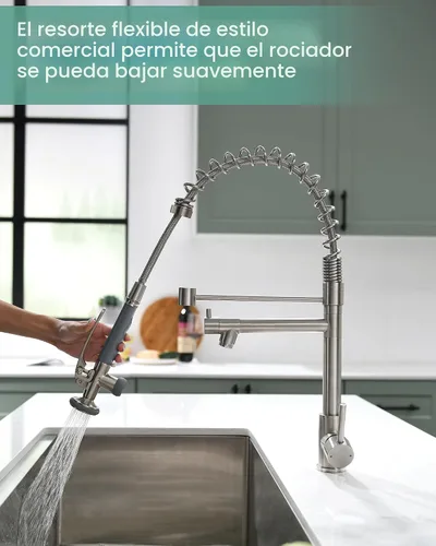 Vista 5 de Fapully - Grifo de fregadero de cocina comercial extraíble con espray níquel cepillado