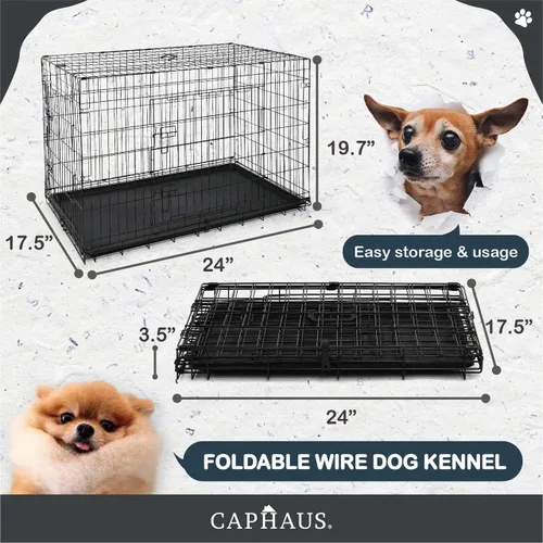 Vista 2 de CAPHAUS Perrera plegable de alambre de metal para perros con bandeja a prueba de fugas y patas protectoras y panel divisor, puerta individual