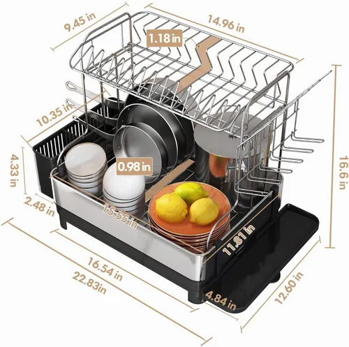 Vista 6 de BOOSINY - Escurridor grande de acero inoxidable de 2 niveles con tabla de drenaje
