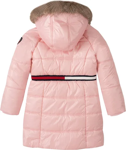 Vista 2 de Tommy Hilfiger Chaqueta acolchada larga para niñas impermeable con forro polar y capucha de piel sintética